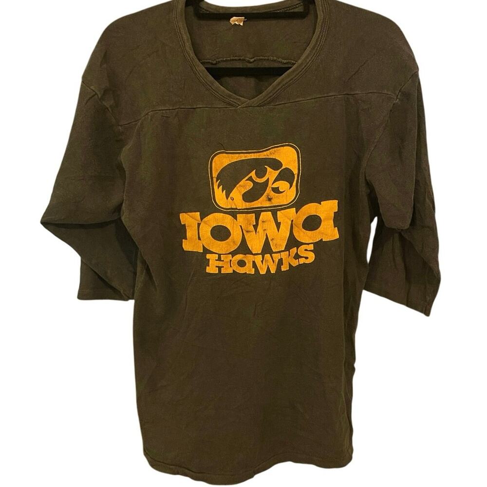 Vintage 70s Iowa Hawkseyes Half Sleeve Single Stitch Shirt Adult Medium